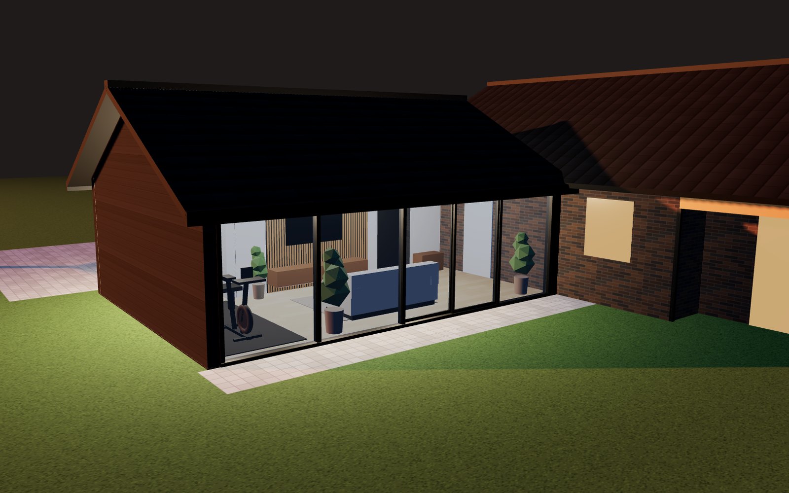 3D-visualisering af carport ombygget til multirum med glasfacade